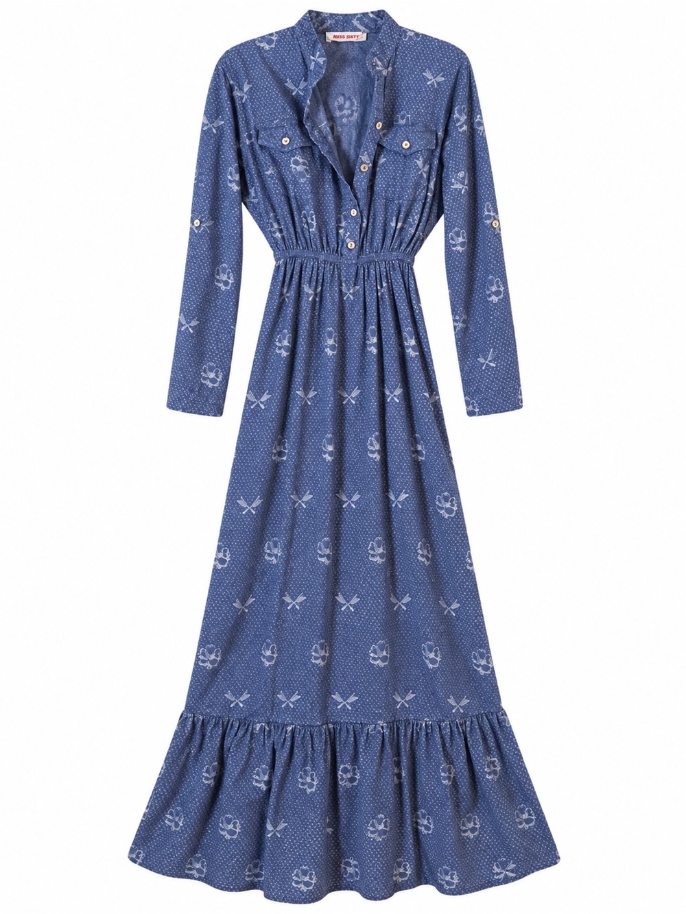 Destino Blue Printed Long Sleeve Maxi Dress Boho Western Style XXL